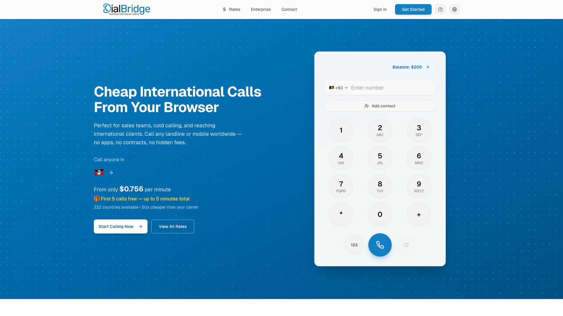 Dialbridge website screenshot showing Dialbridge 让您可以直接通过浏览器拨打便宜的国际电话,无需任何隐藏费用... interface and features