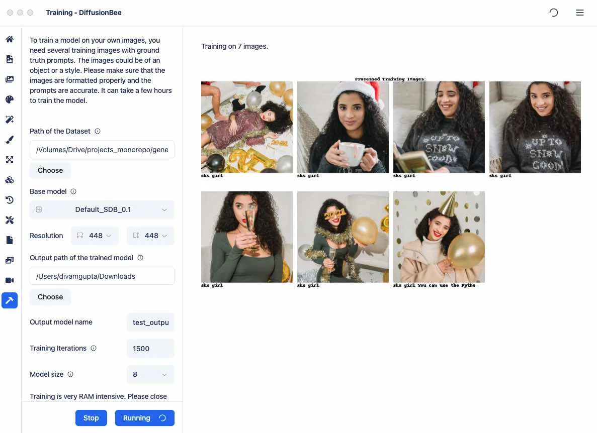 DiffusionBee model training screen