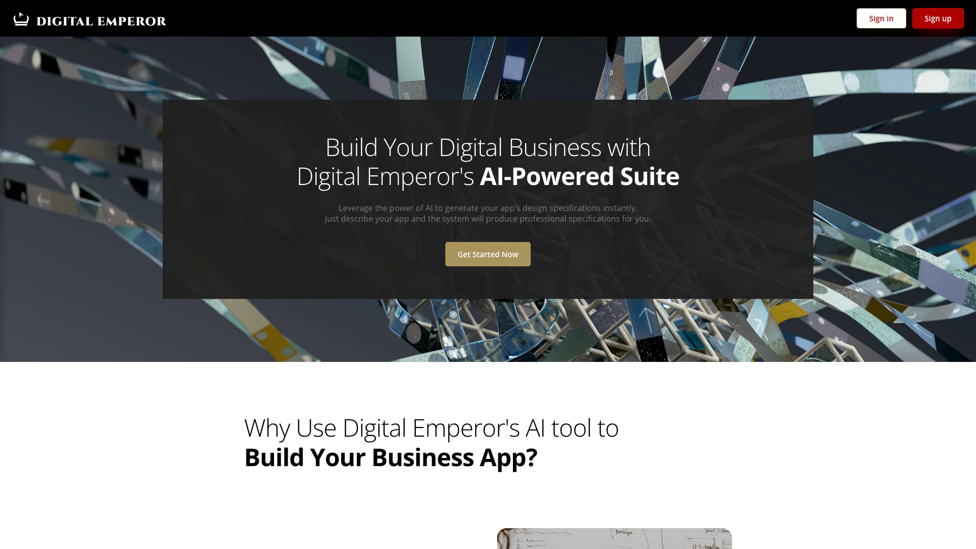 Digital Emperor website screenshot showing デジタルエンペラーのAIスイートでアプリの可能性を解き放とう！瞬時にデザイン仕様... interface and features