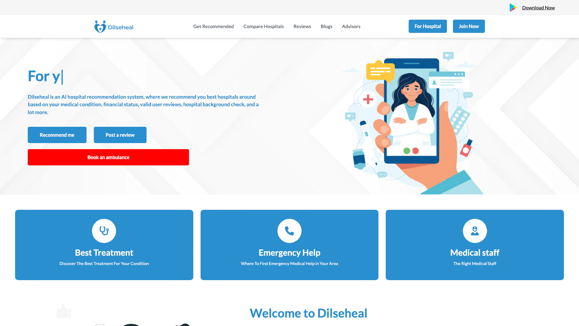 Dilseheal website screenshot showing AI Hospital Recommendation System interface and features