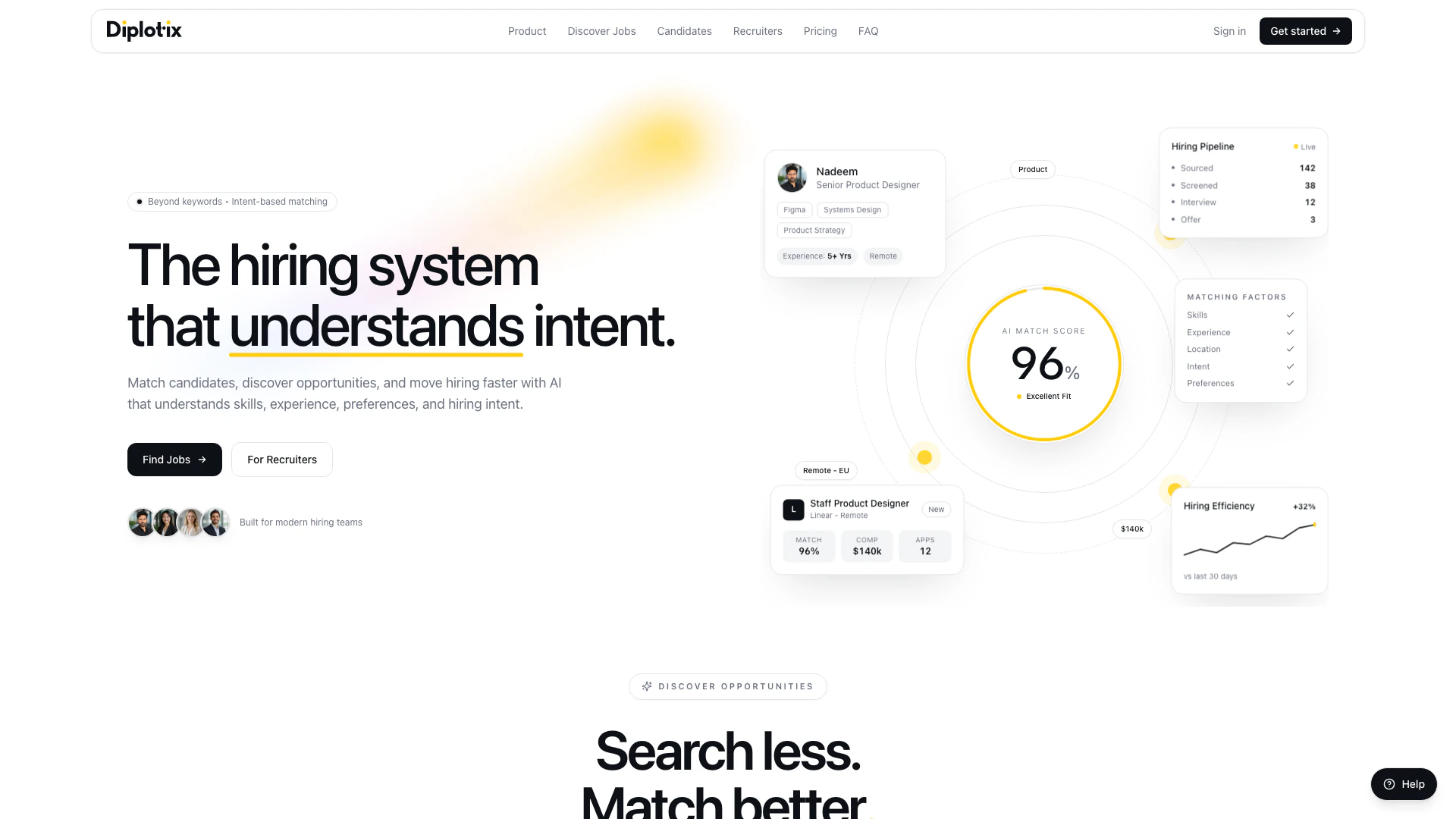 Diplotix website screenshot showing Diplotix is an AI-powered hiring platfor... interface and features