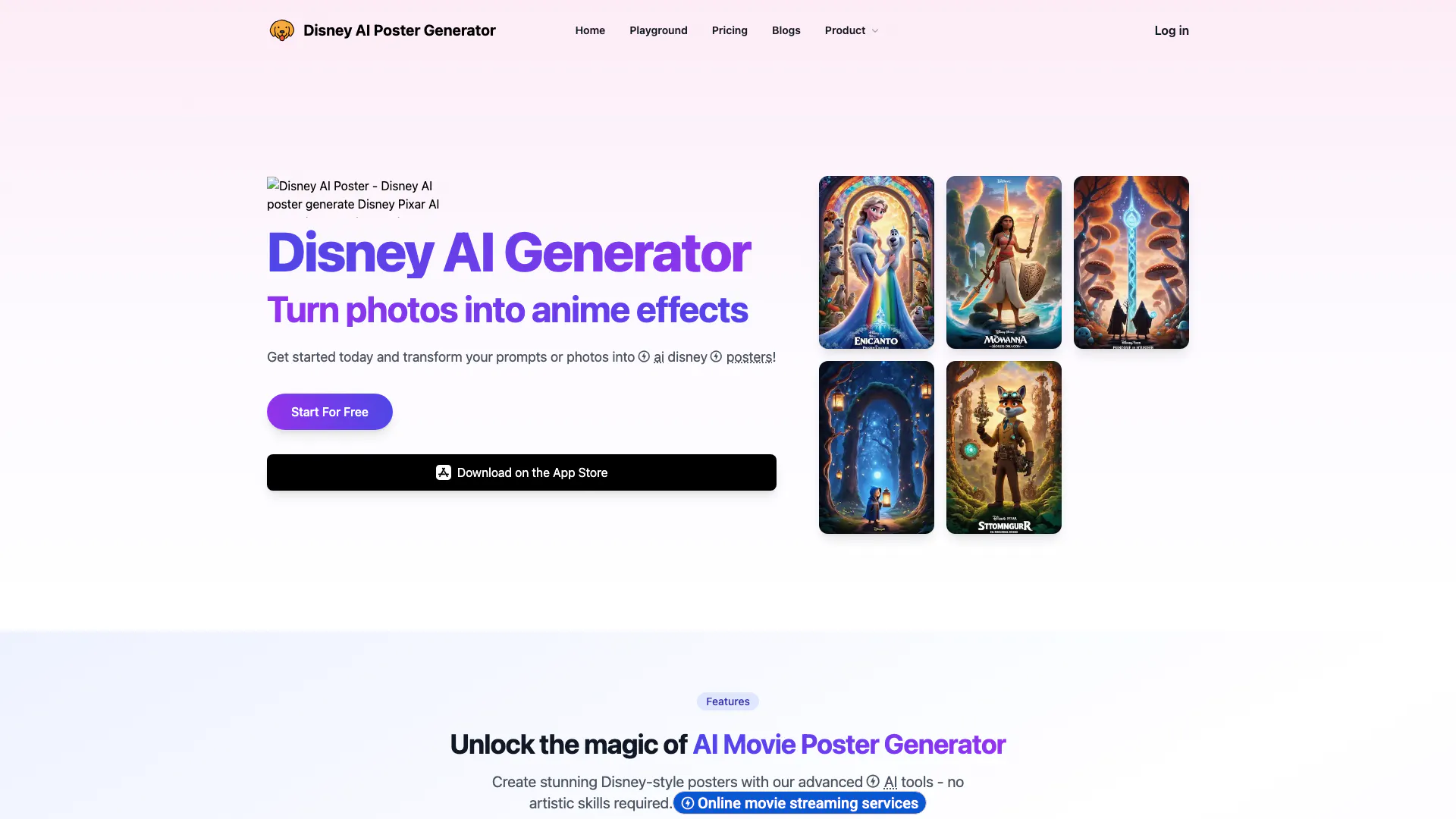 Disney Ai Poster website screenshot showing Disney AI Poster - AI Movie Poster Gener... interface and features