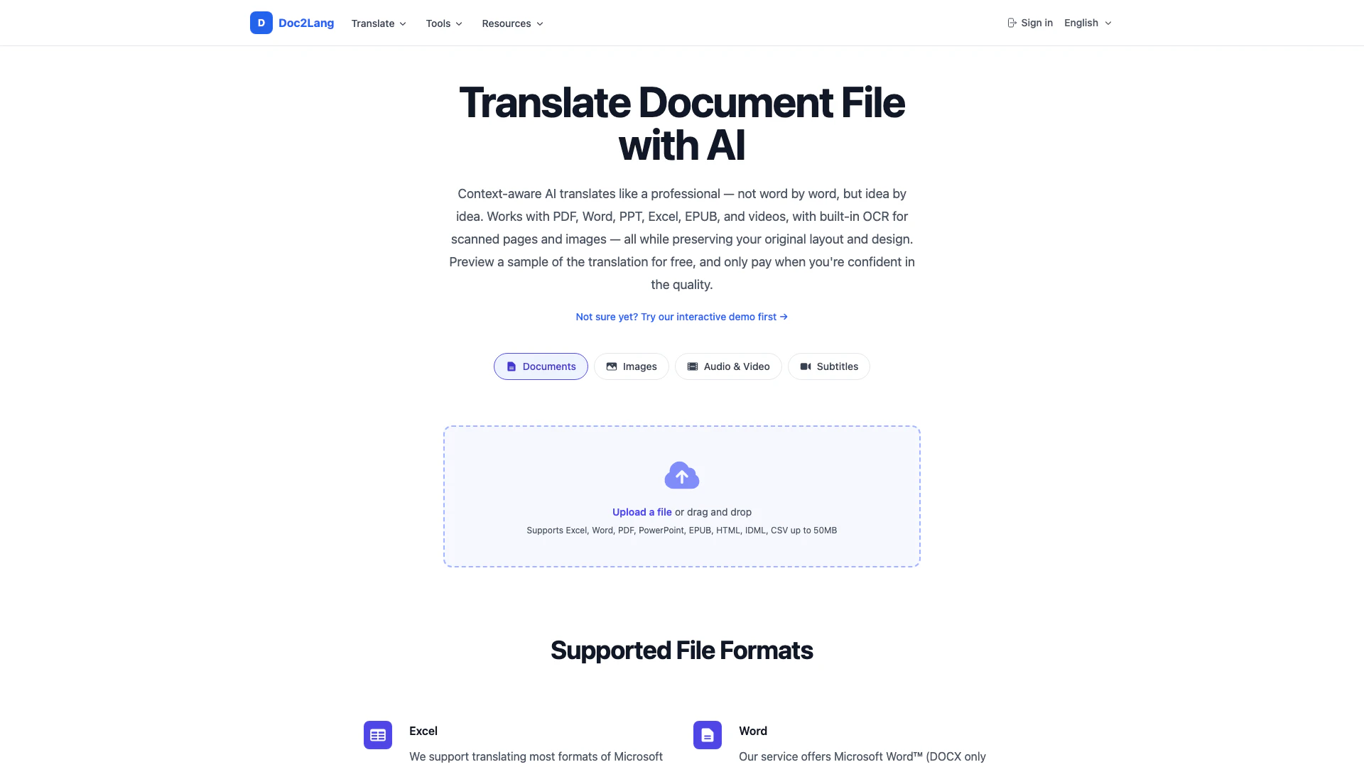 Doc2Lang website screenshot showing Document File Translation Powered by AI interface and features