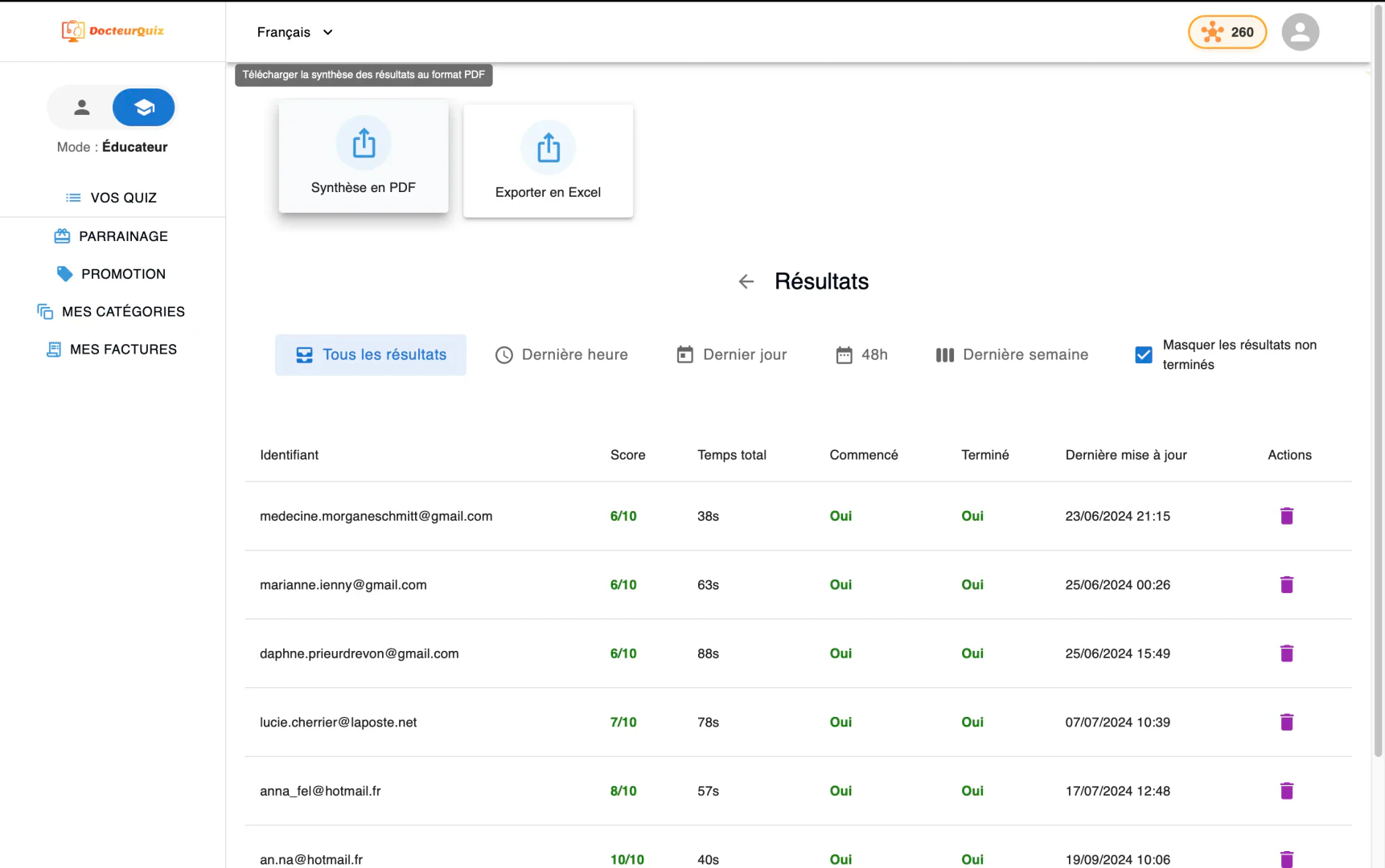 DocteurQuiz results view and filtering