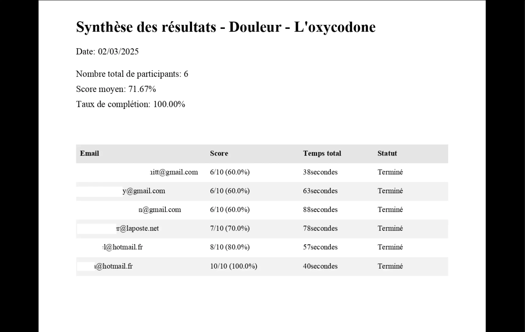 DocteurQuiz PDF export of results