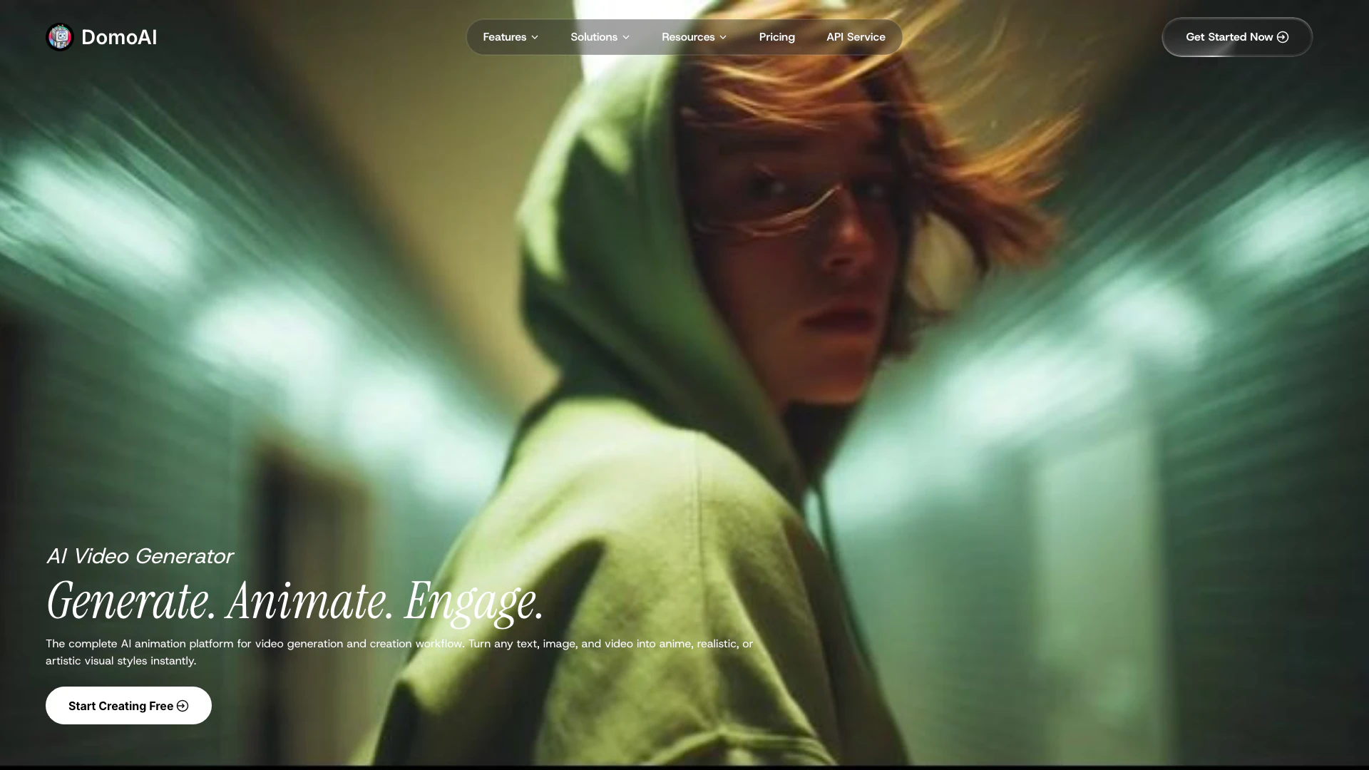 Domoai website screenshot showing DomoAI는 고품질 애니메이션을 위한 무료 AI 창작 스튜디오입니다. interface and features