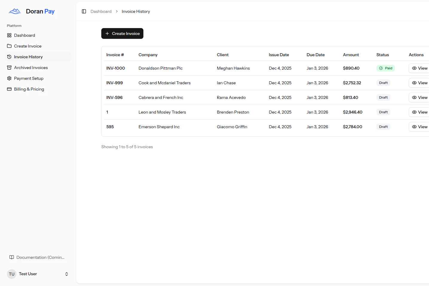 Doranpay invoice history tracking
