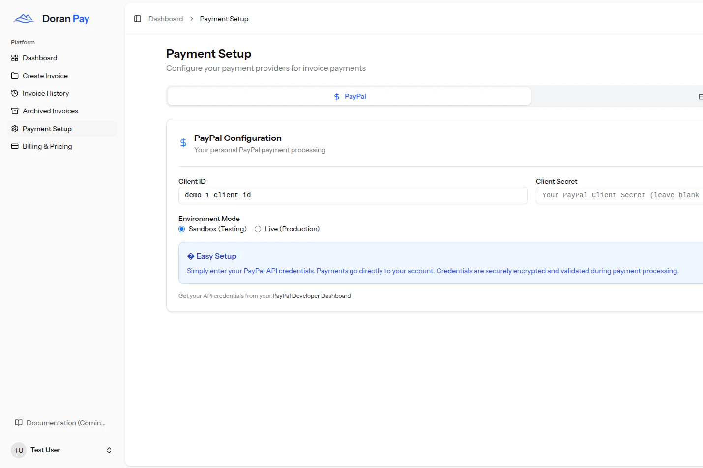 Doranpay payment settings configuration