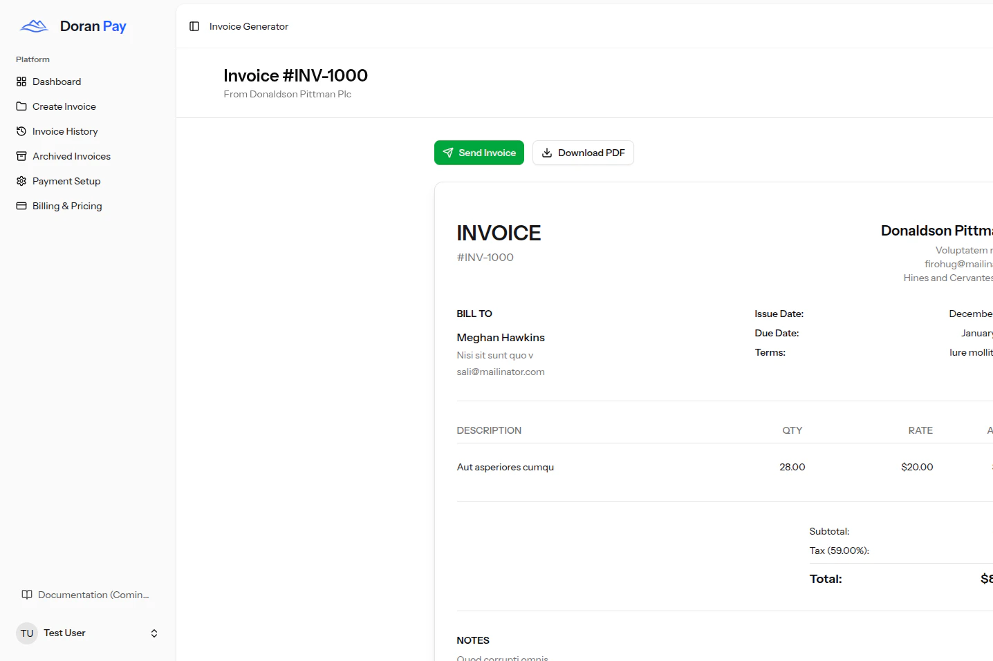 Doranpay sending invoices to clients