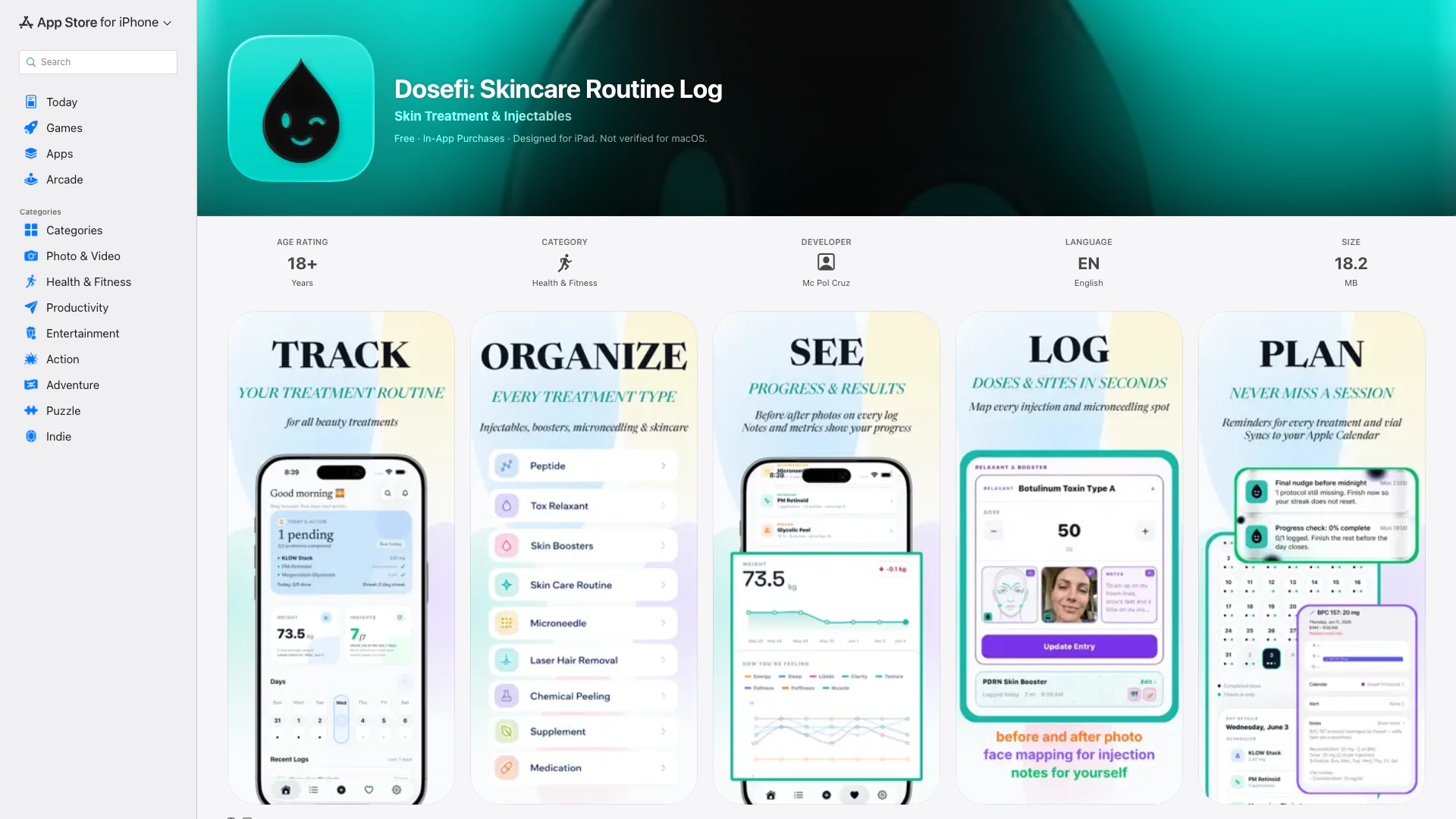 Dosefi: Skincare Routine Log - iOS 앱 website screenshot showing Dosefi는 크림뿐만 아니라 치료와 주사에 중점을 둔 스킨케어 루틴 앱... interface and features