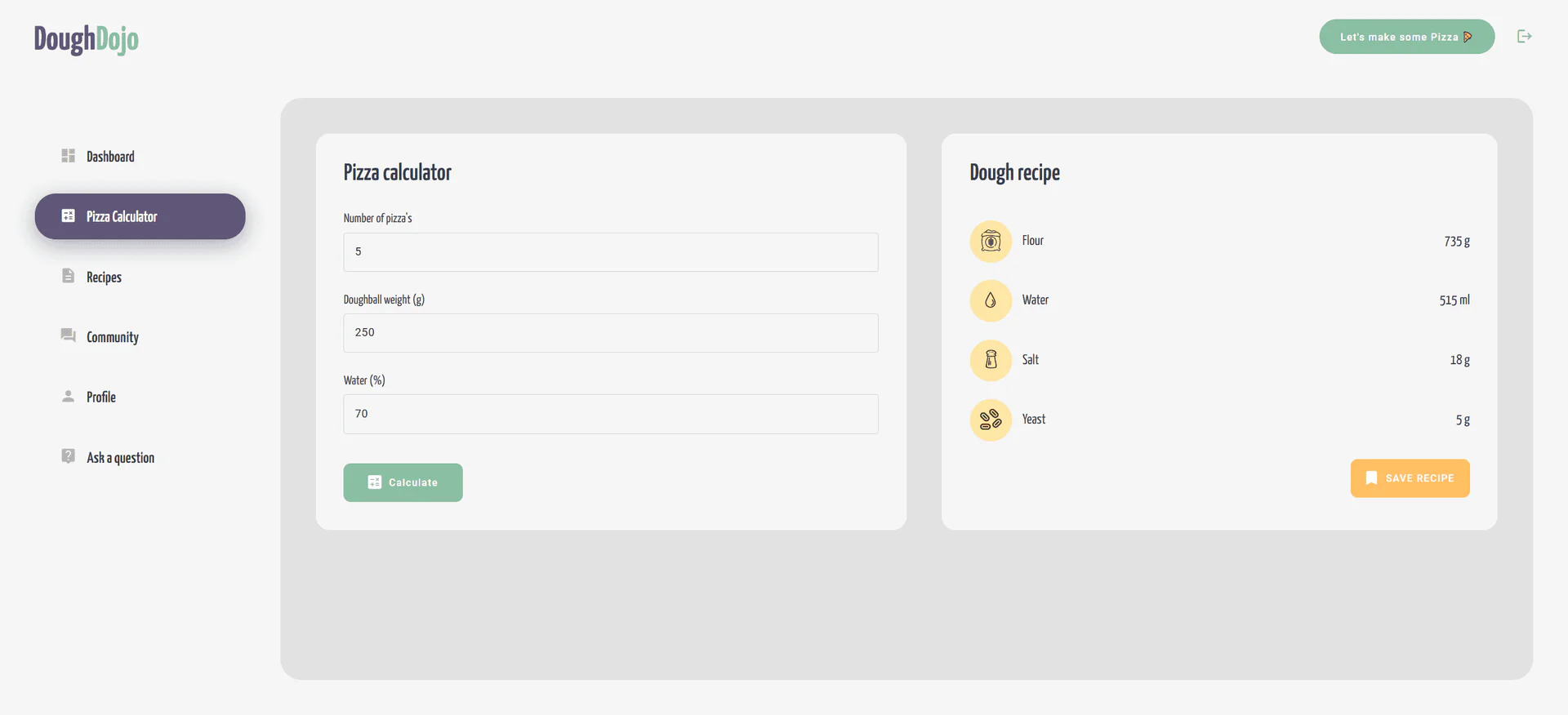 Doughdojo pizza calculator interface