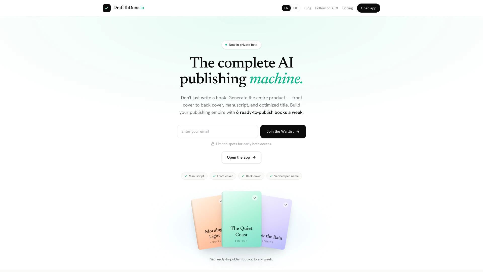 Drafttodone website screenshot showing Generate the entire product — from front... interface and features