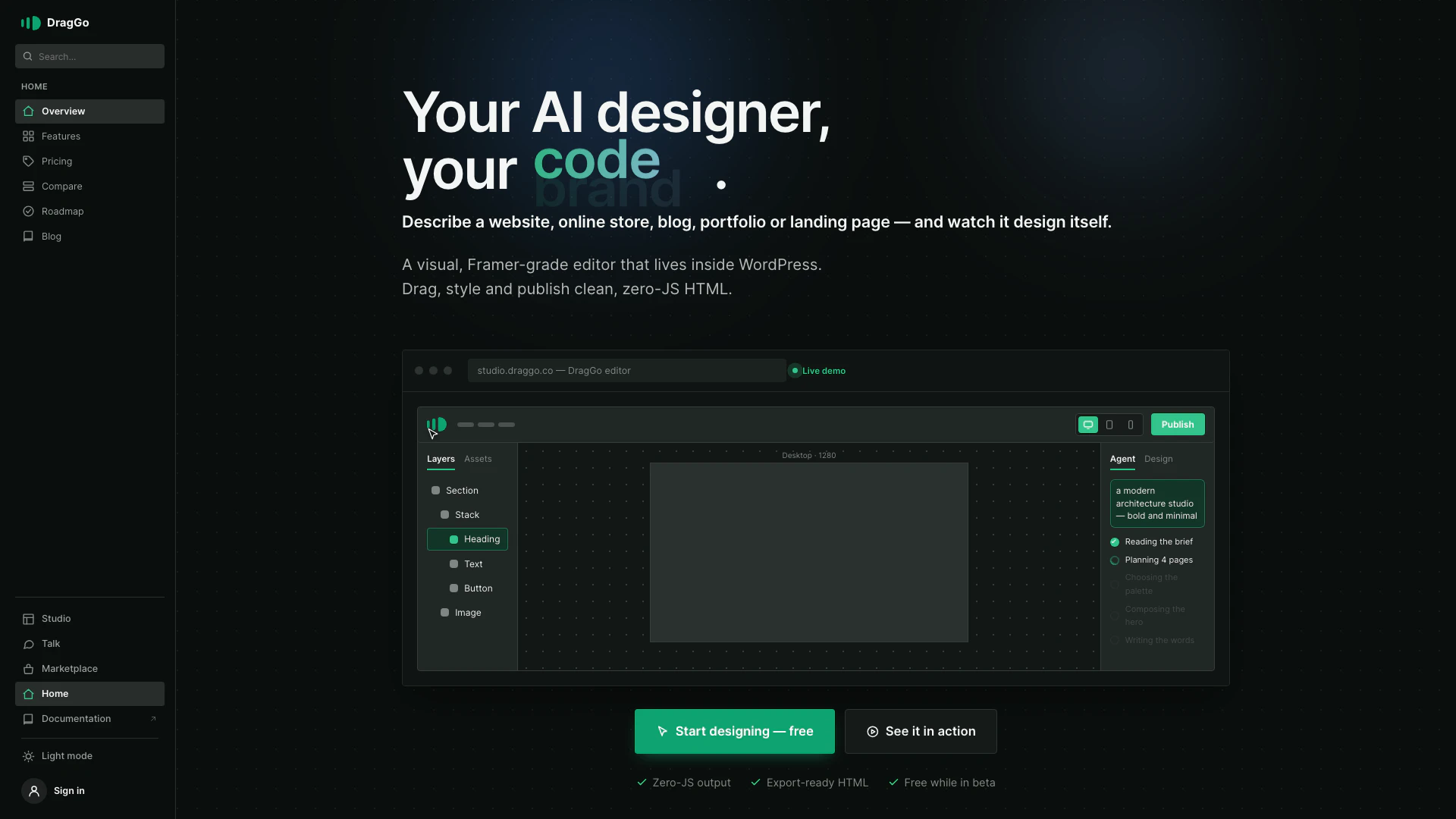 Draggo website screenshot showing DragGo est un outil de conception qui vo... interface and features