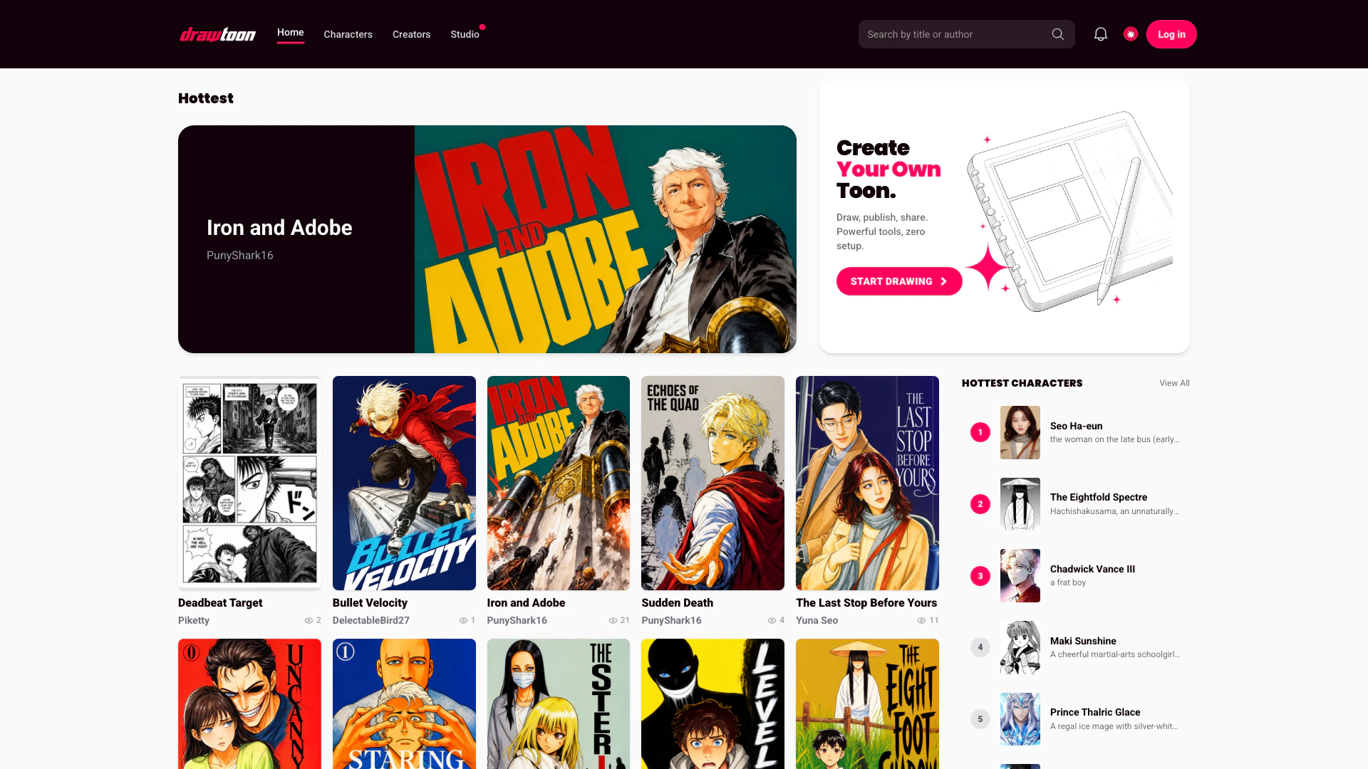 Drawtoon website screenshot showing Drawtoon est un studio de manga et de ma... interface and features