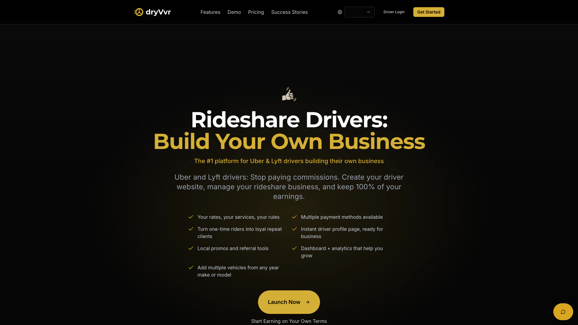 Dryvvr website screenshot showing 掌控您的驾驶业务,使用 dryVvr,这是独立司机管理预订、支付和客户关系的终极... interface and features