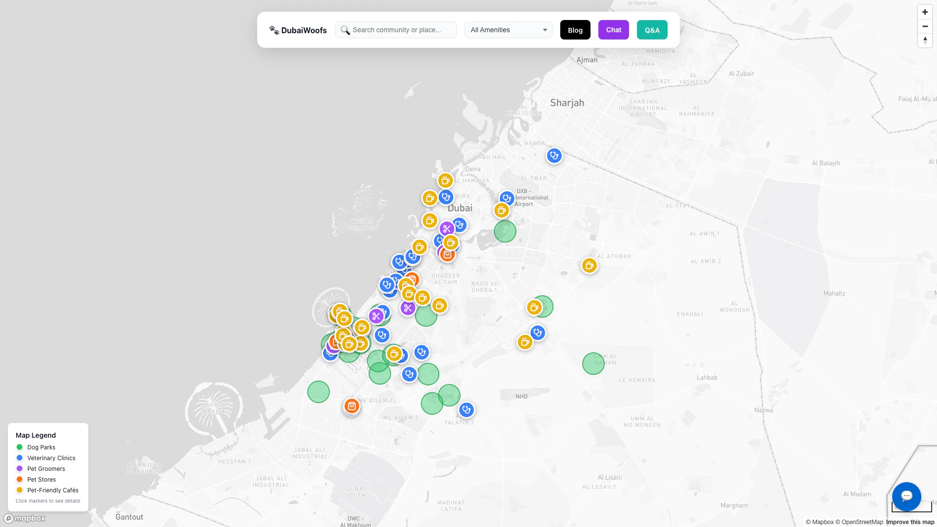 Dubaiwoofs website screenshot showing Discover pet-friendly places in Dubai. interface and features