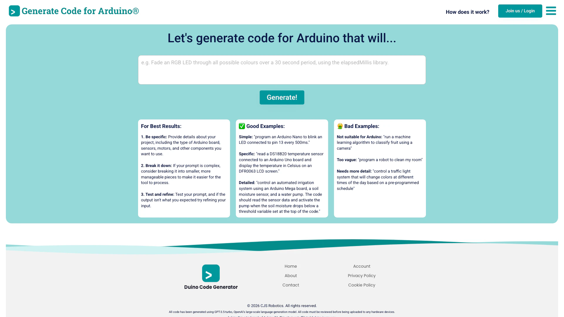 Duino Code Generator website screenshot showing Genera código para Arduino de forma senc... interface and features