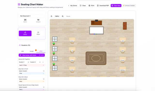 Smart seating chart creation using Easyclassai
