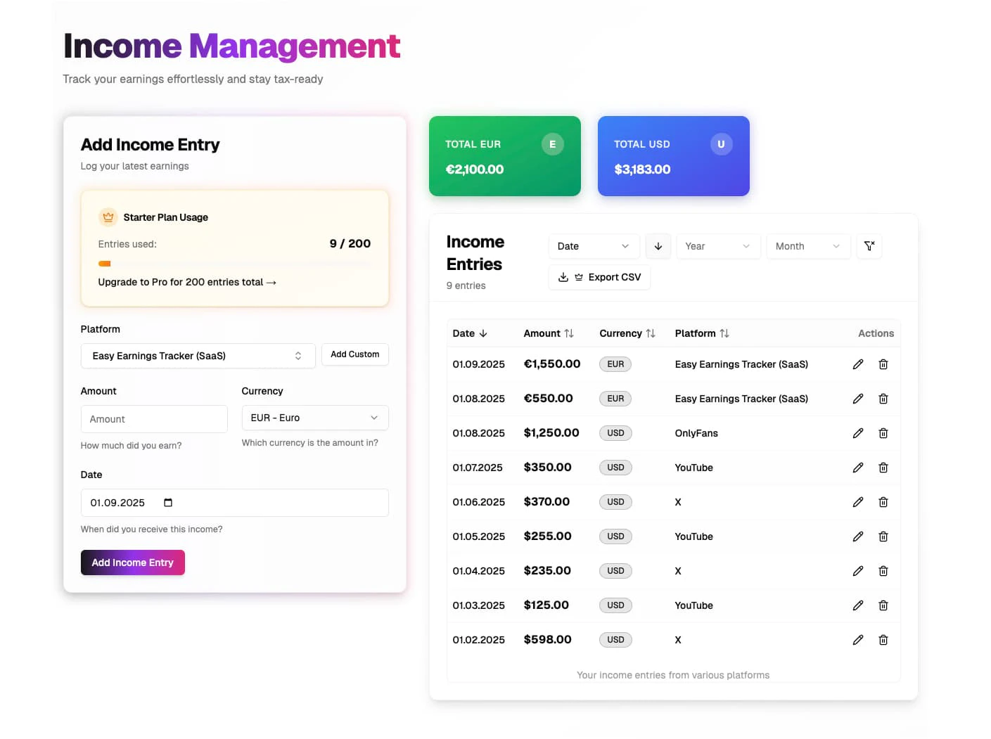 Easy Earnings Tracker income tracking interface