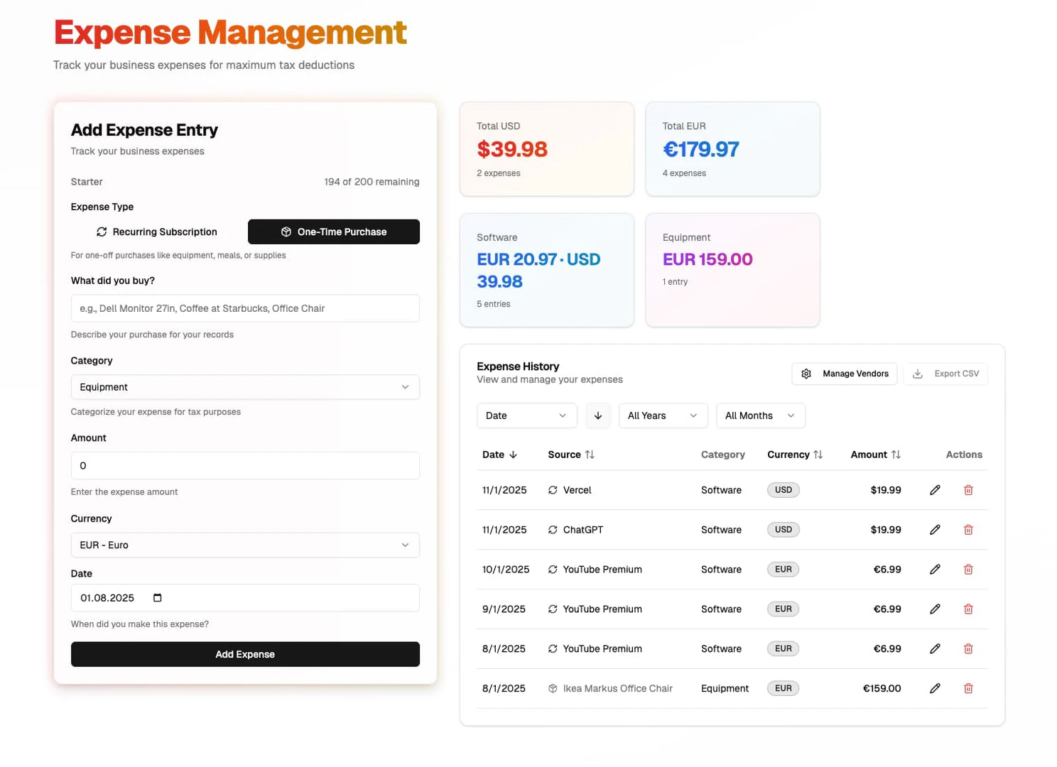 Easy Earnings Tracker expense management interface