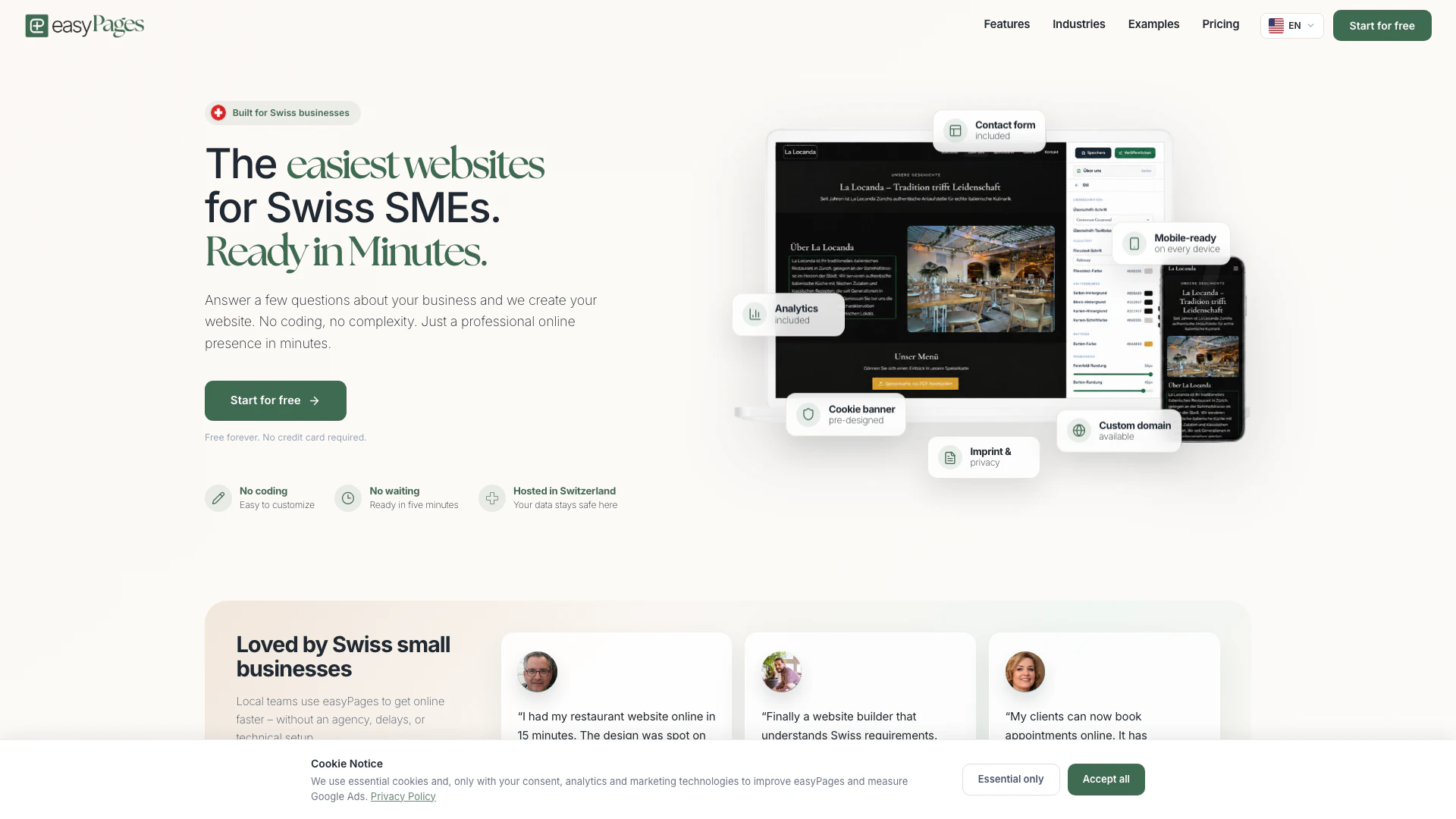 Easypages website screenshot showing Create your professional website in minu... interface and features