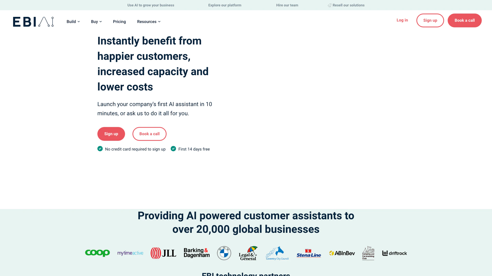 Ebi Ai website screenshot showing Lanza tu asistente de IA en minutos con ... interface and features