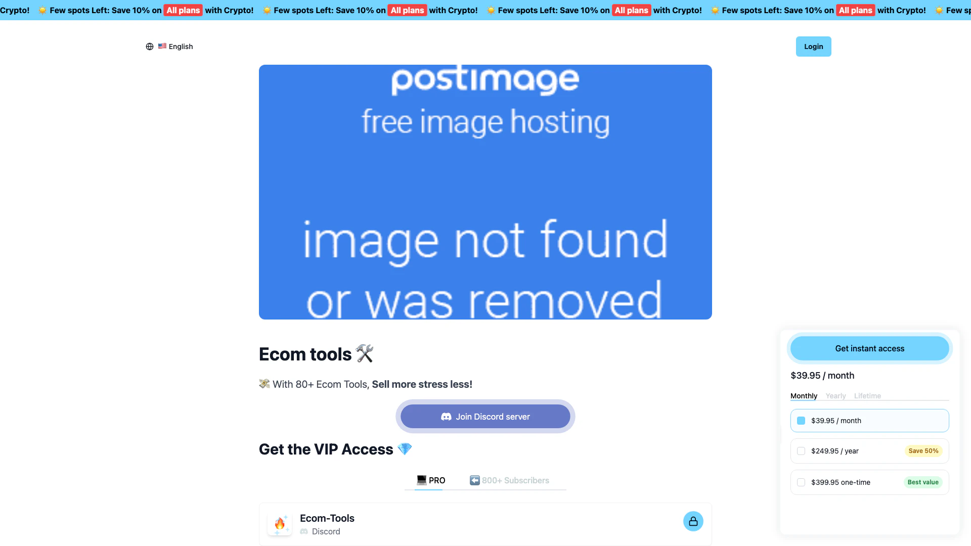 Ecom Tools website screenshot showing Access 80+ premium ecommerce spy and AI ... interface and features