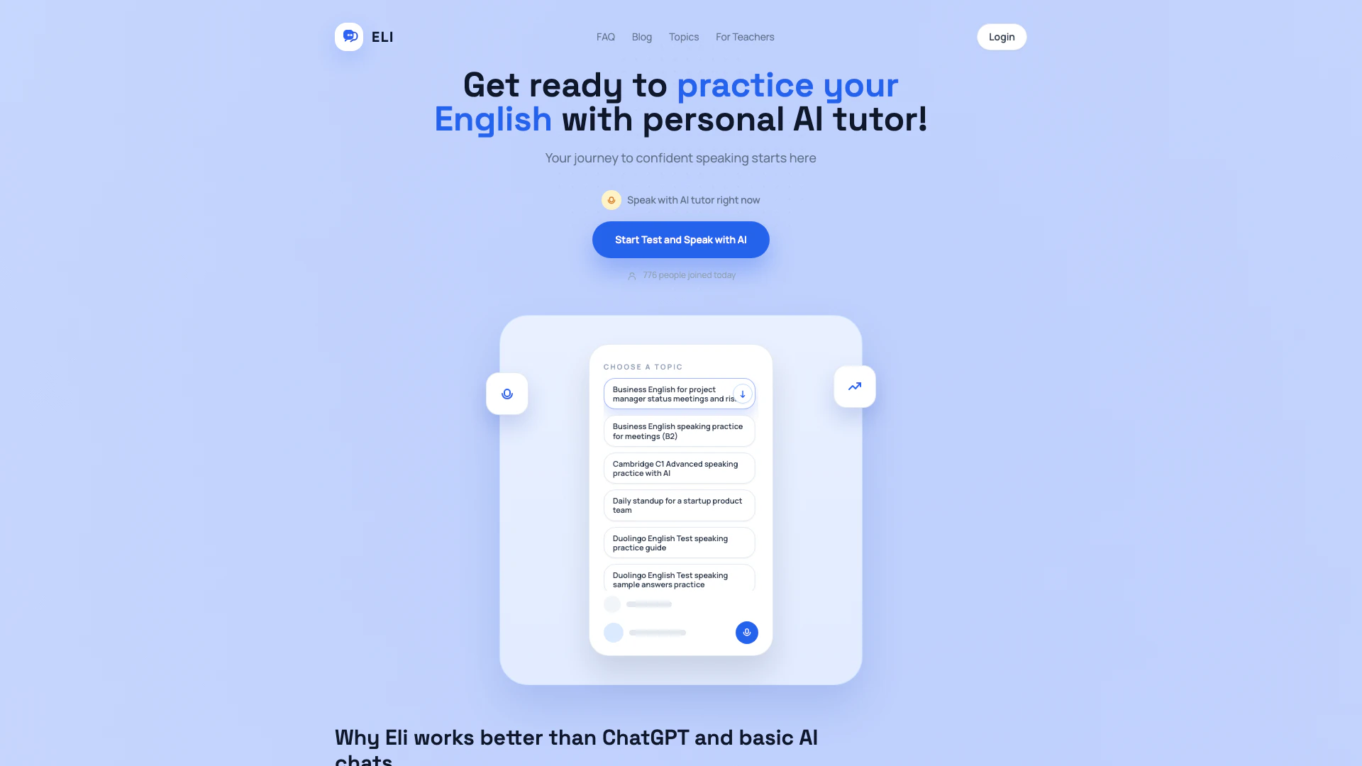 Elispeak website screenshot showing Eli AI English tutor helps you practice ... interface and features