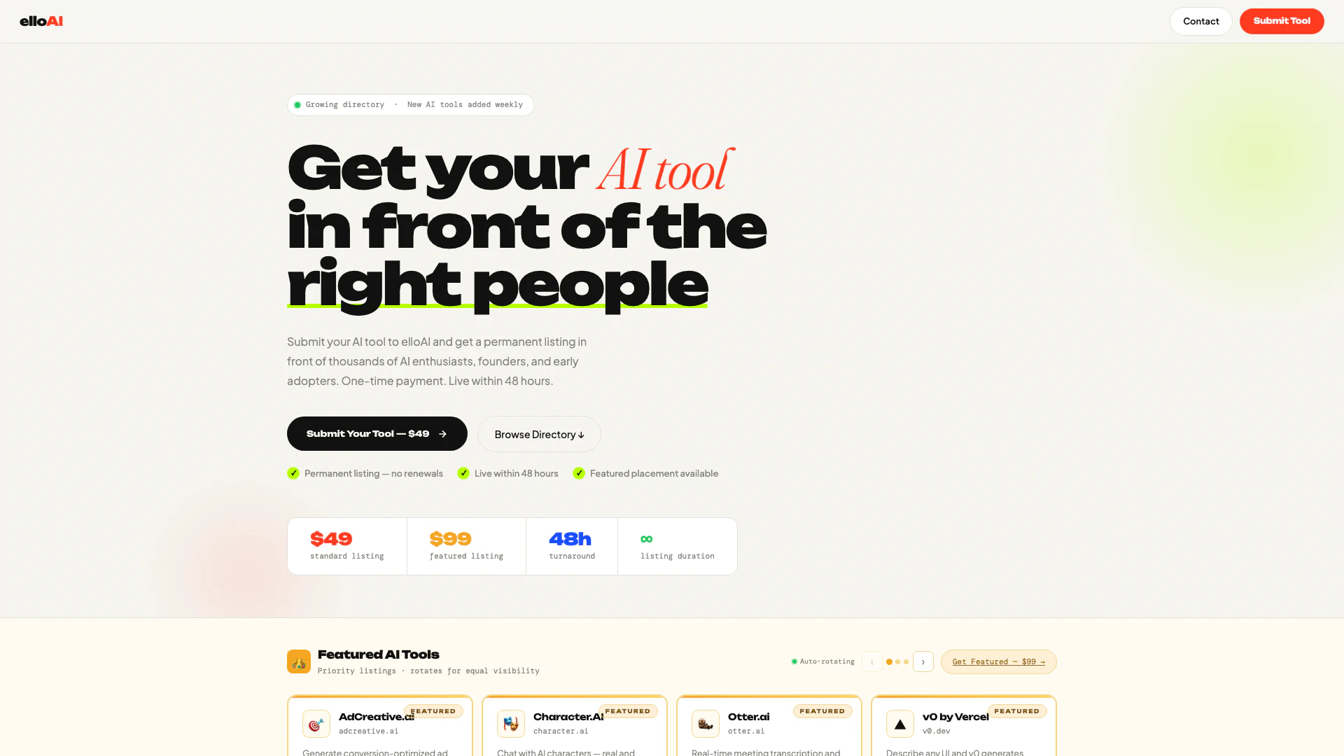 Elloai website screenshot showing 探索精選的AI工具目錄。 interface and features