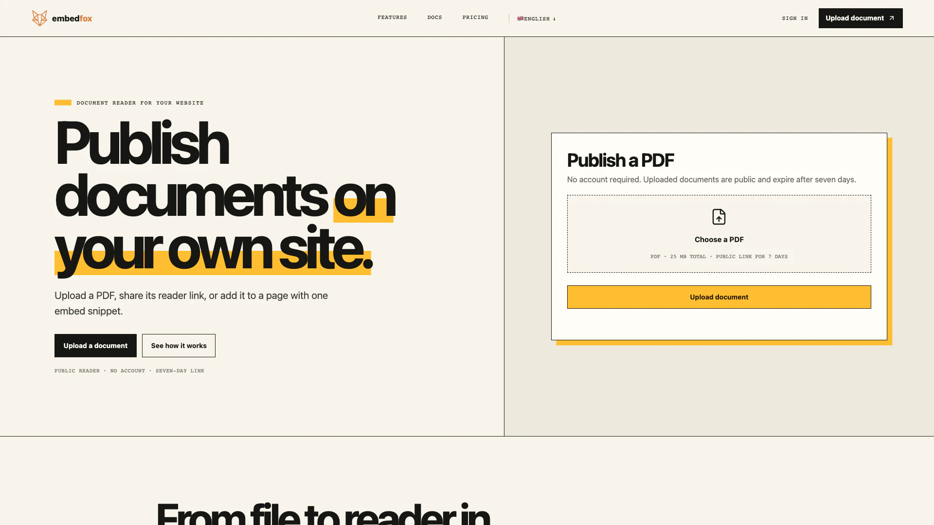 Embedfox website screenshot showing Upload a PDF, share a browser reader, an... interface and features