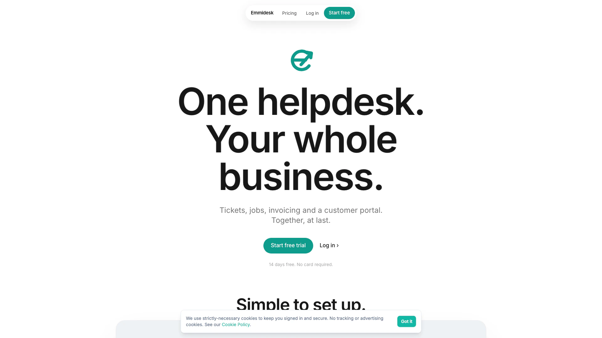 Emmidesk website screenshot showing Emmidesk brings tickets, repairs, invoic... interface and features