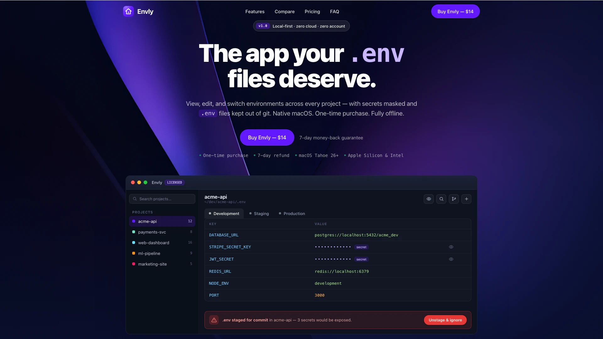 Envly website screenshot showing Envly is a native macOS application that... interface and features