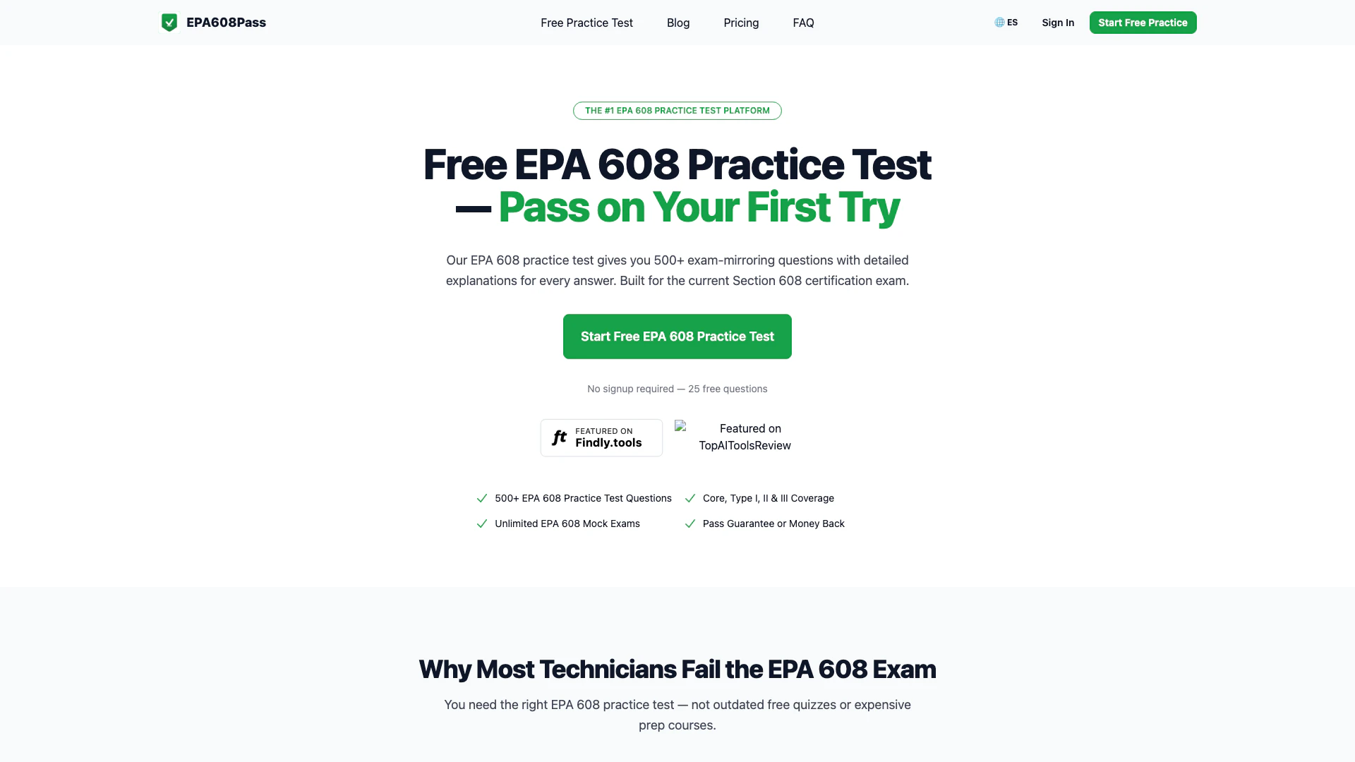 Epa608pass website screenshot showing Pass your EPA 608 exam with 500+ practic... interface and features