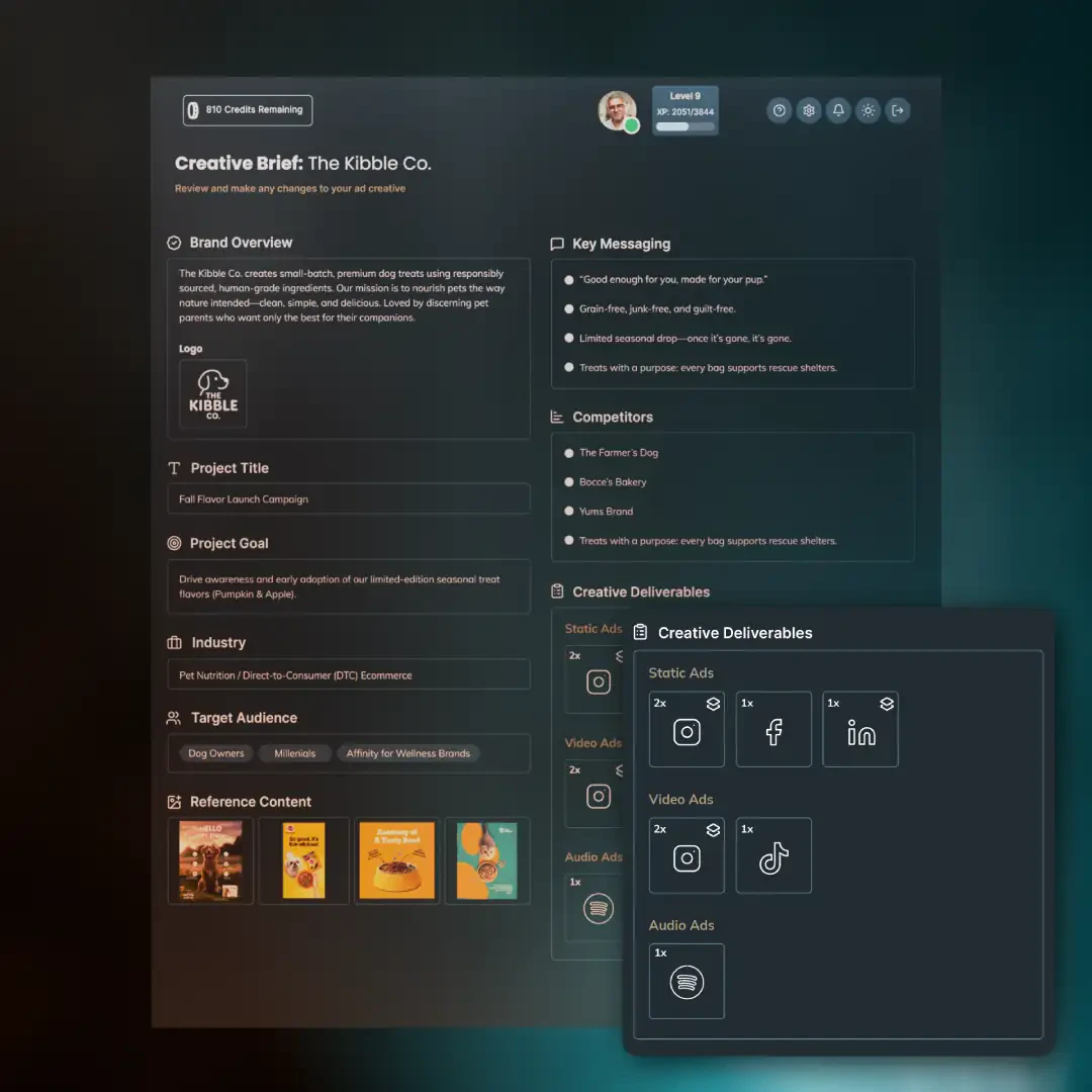 Epicly AI product overview with creative briefs