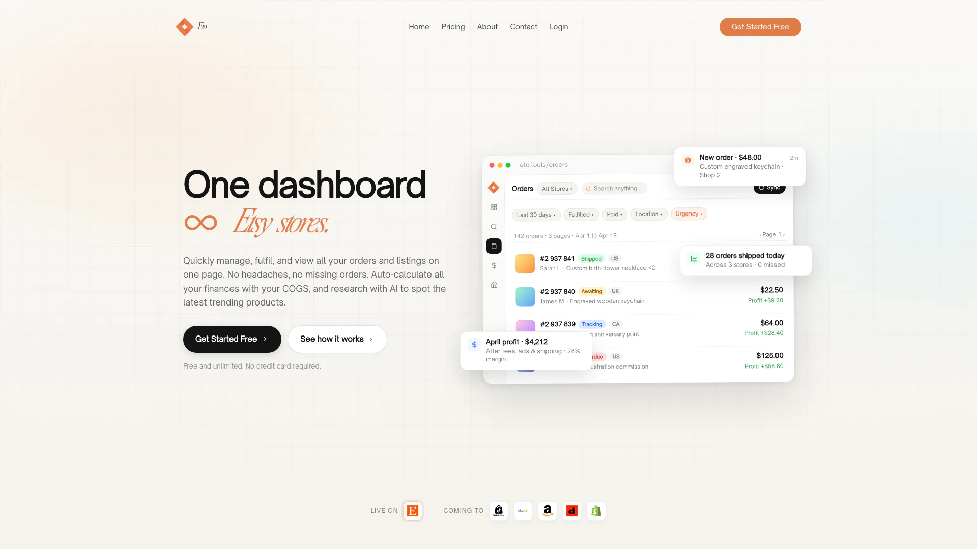 Eto website screenshot showing Eto is your all-in-one dashboard to mana... interface and features