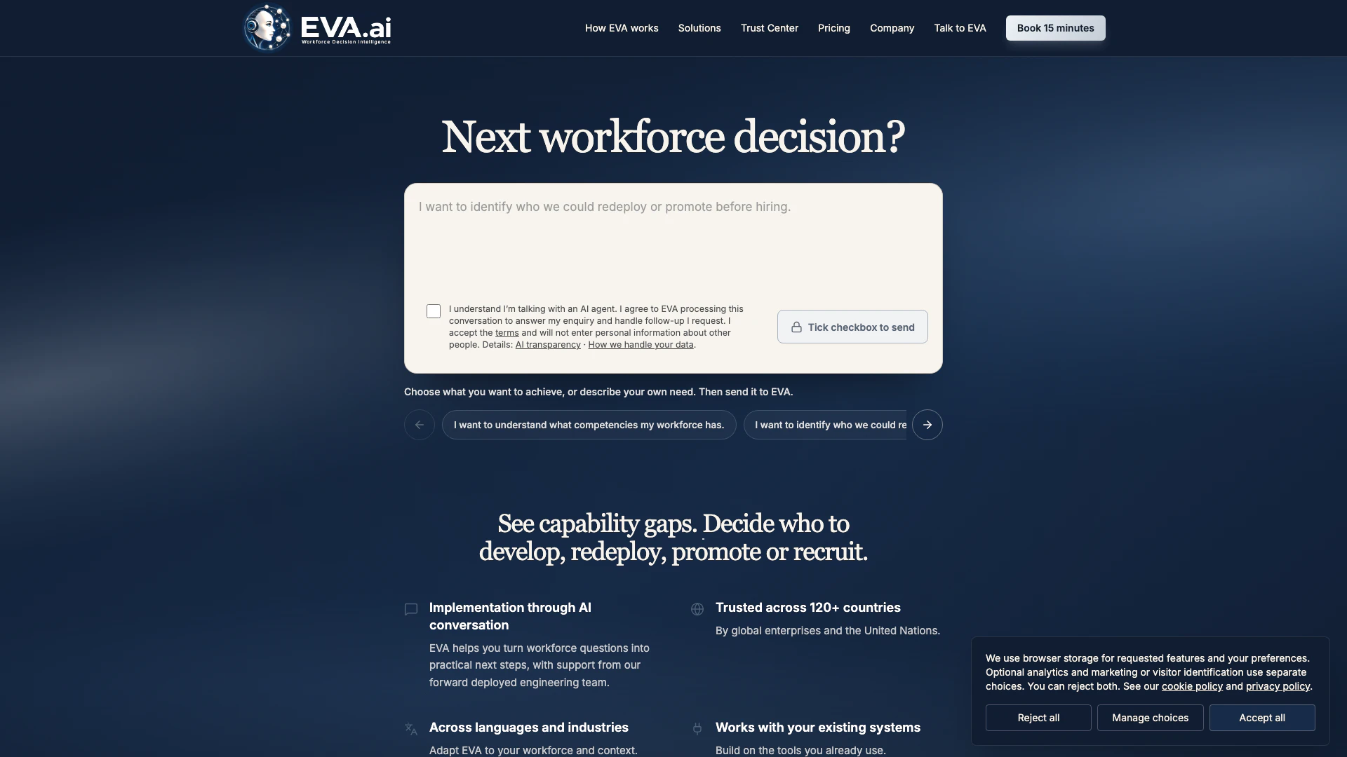 Evaai website screenshot showing EVA helps you map team competencies, com... interface and features