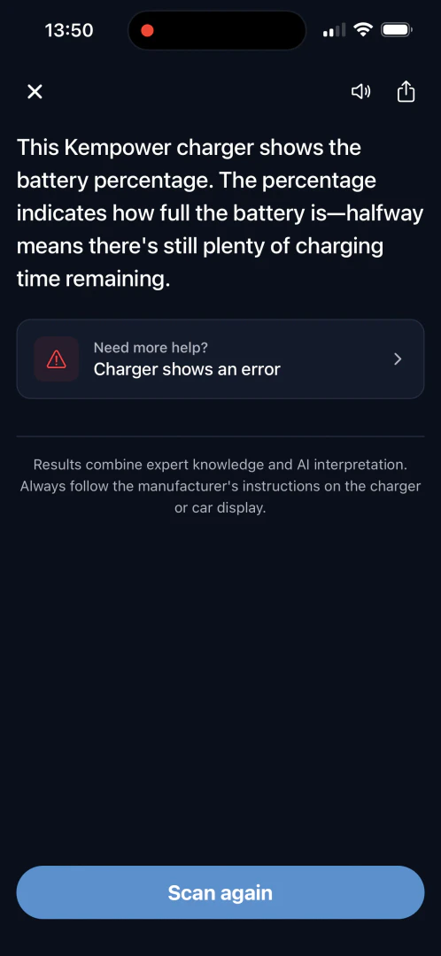 EVcourse scanner result showing battery percentage help