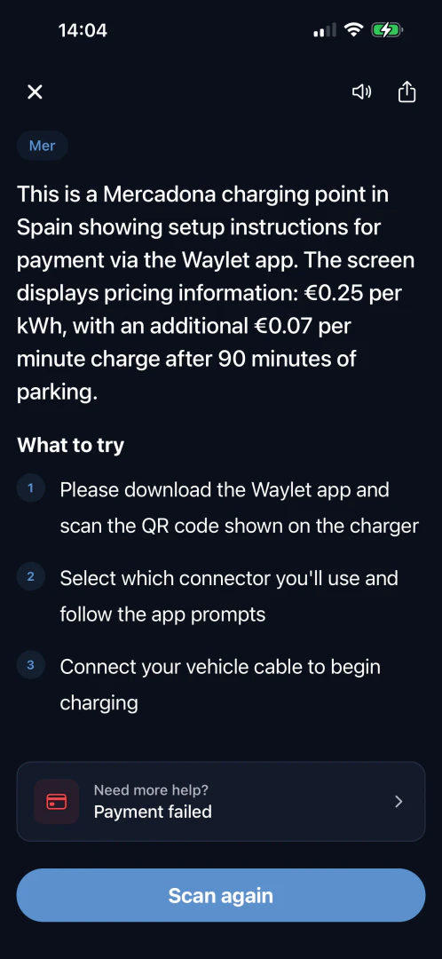 EVcourse user scenario for charging assistance
