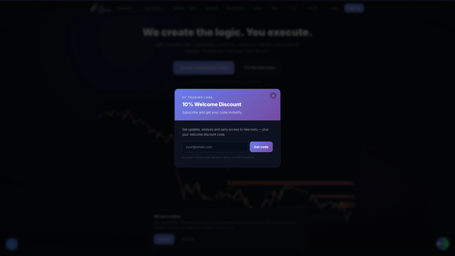 Evtradelabs website screenshot showing Indicadores SMC para TradingView: estrut... interface and features