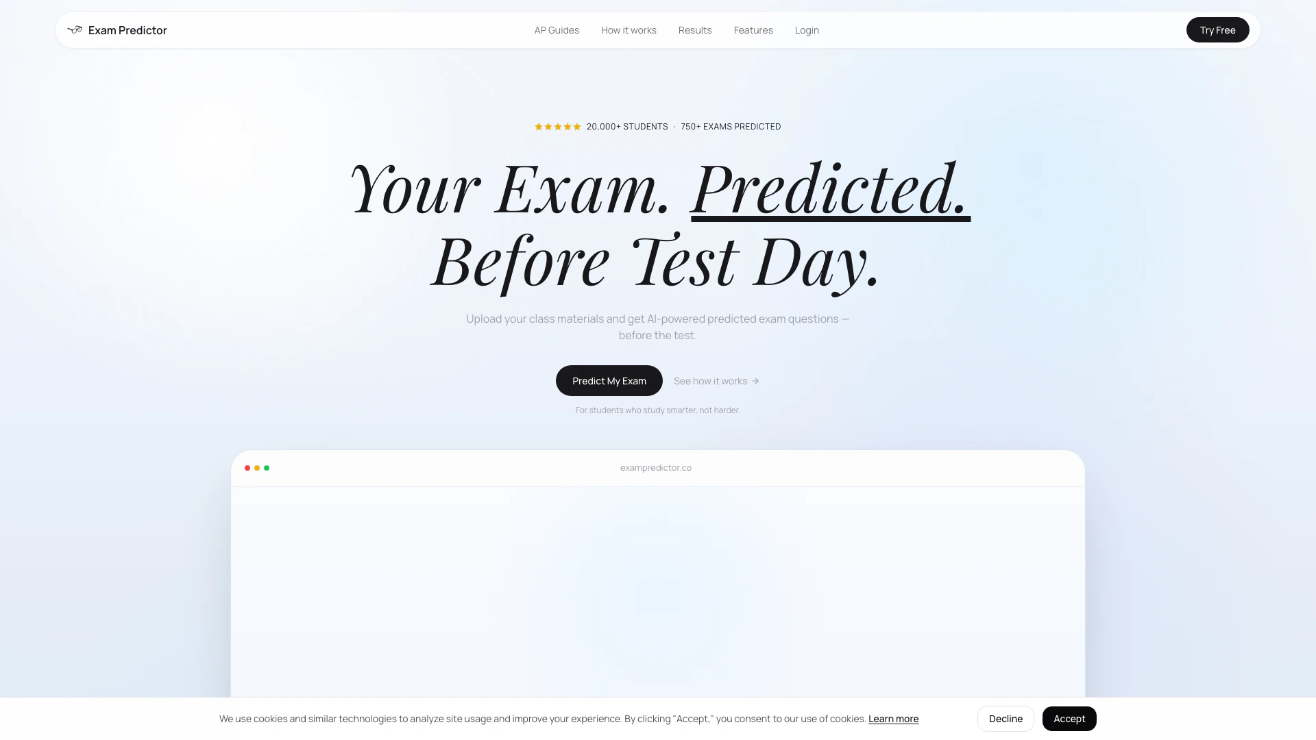 Exampredictor website screenshot showing 上傳您的課程材料,在考試前獲取AI預測的考試問題。 interface and features
