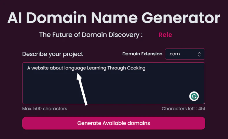 Exoname domain name generator interface overview