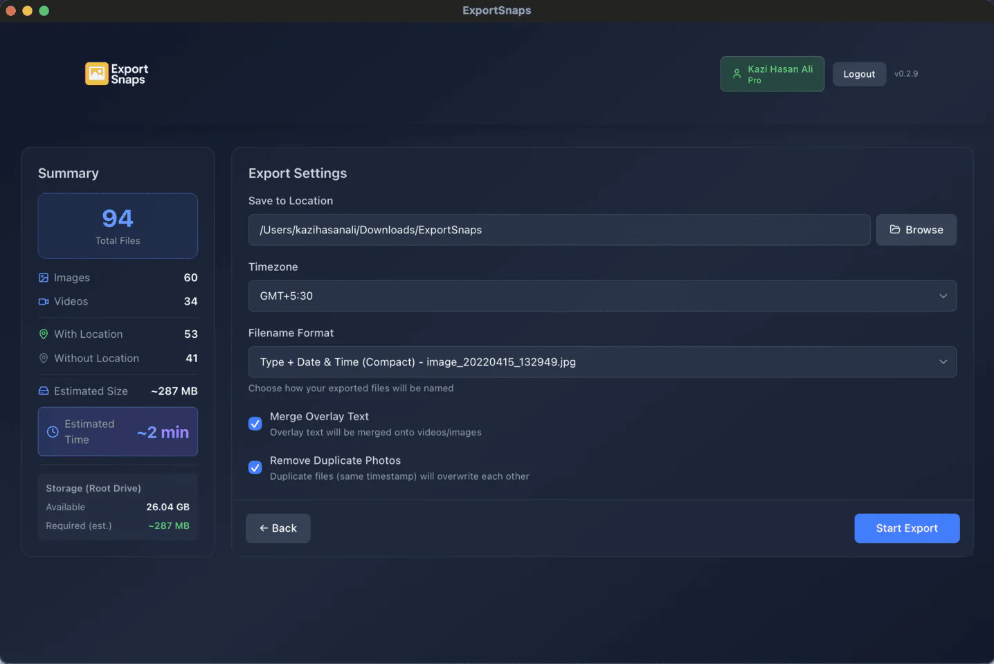 ExportSnaps app interface overview