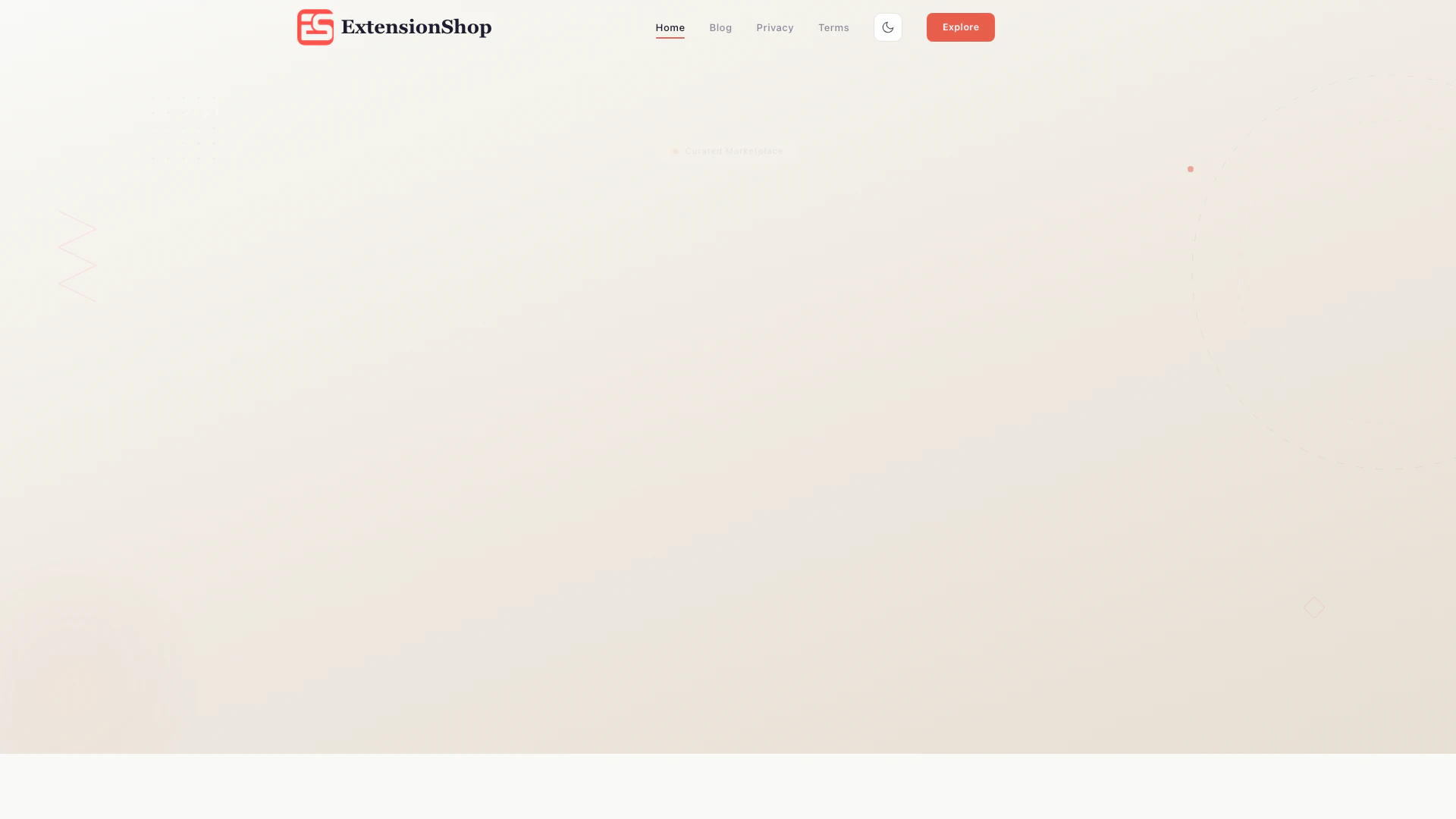 Extensionshop website screenshot showing ExtensionShop es un mercado curado para ... interface and features