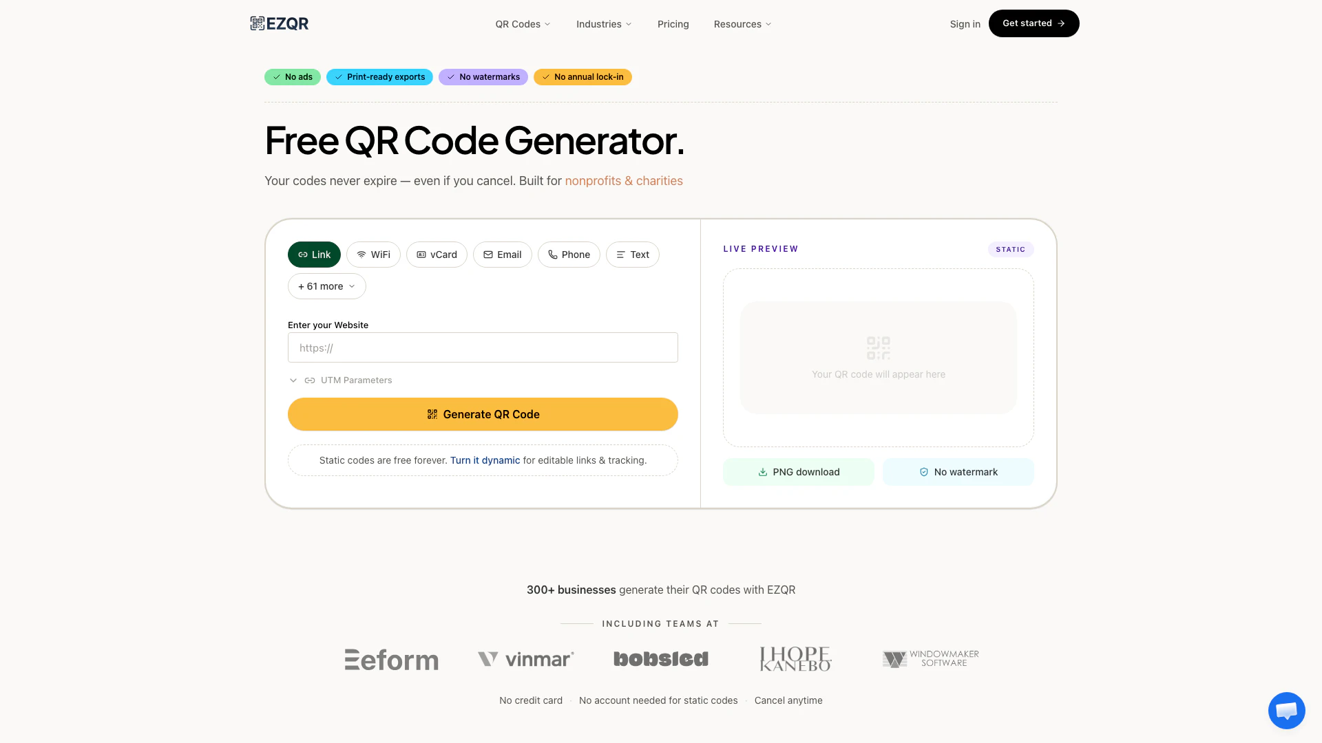Ez Qr website screenshot showing EZQR is a free QR code generator that of... interface and features
