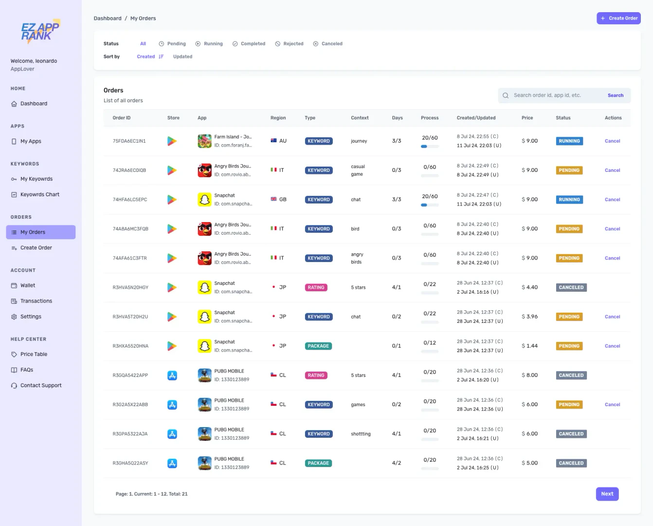 EzAppRank feature demonstration of app ranking management