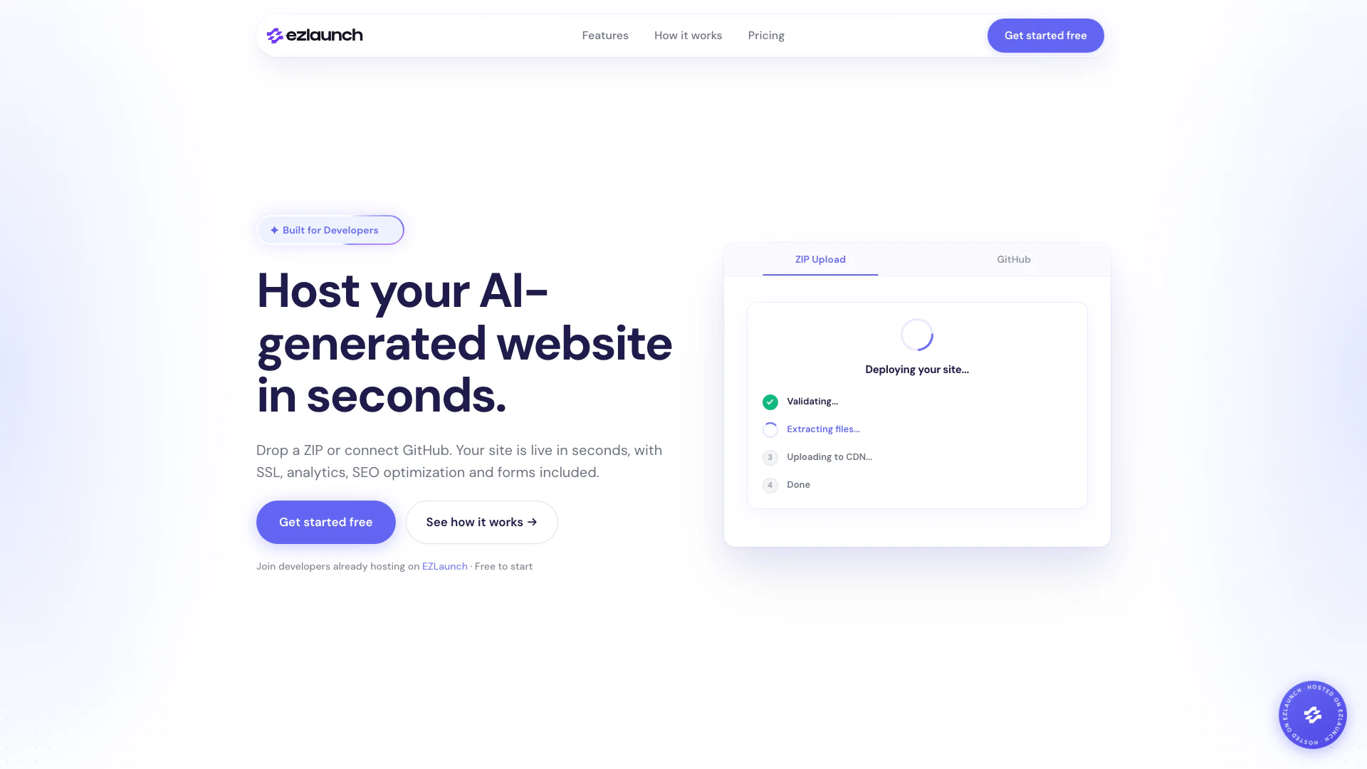 Ezlaunch website screenshot showing Host your AI-generated website in second... interface and features