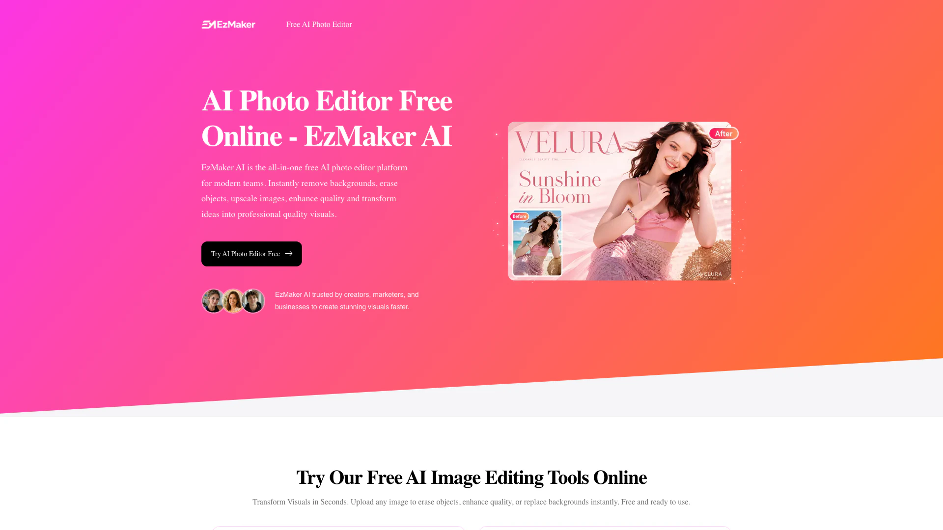 Ezmakerai website screenshot showing EzMaker AI é um editor de fotos online g... interface and features