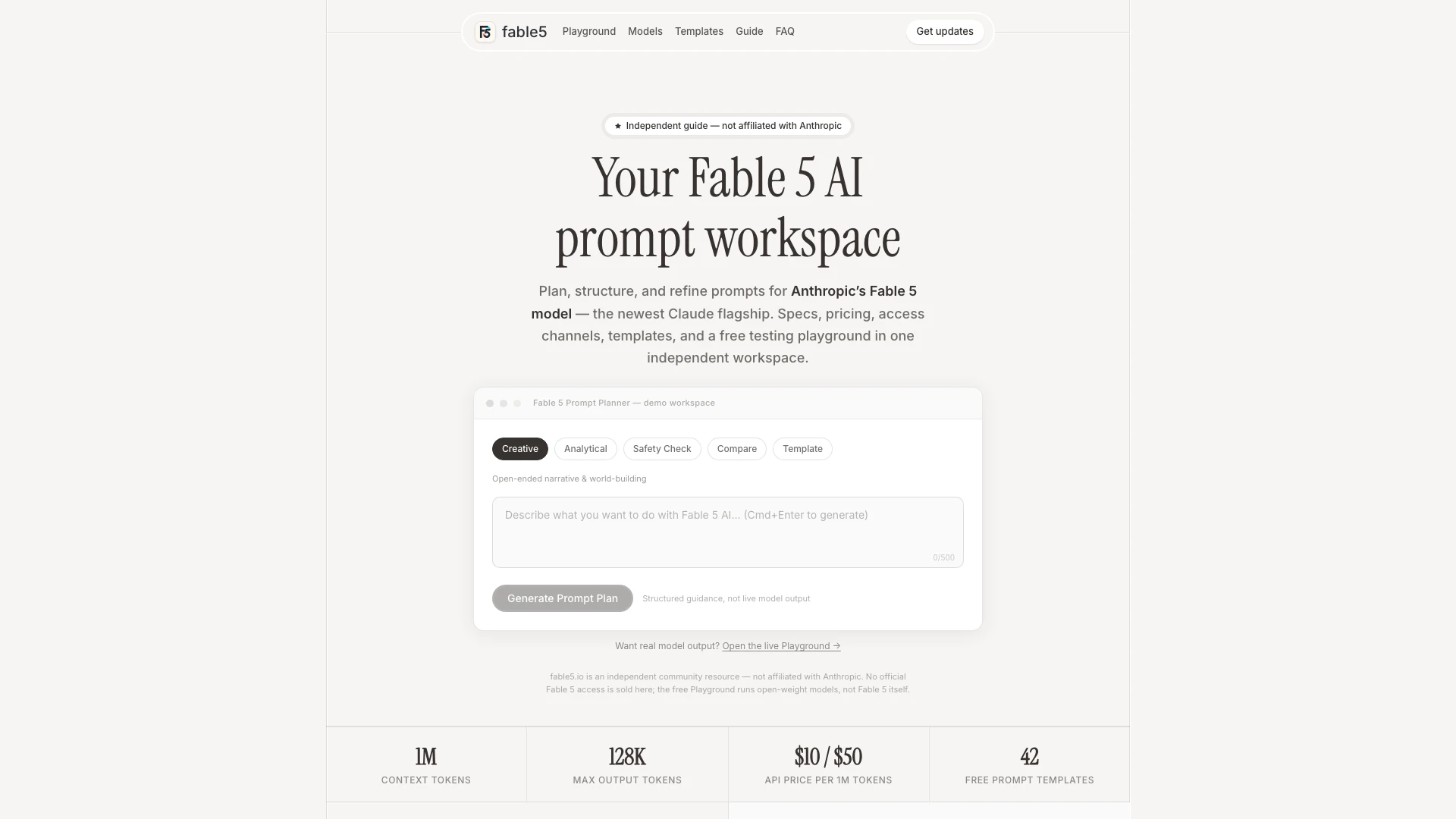 Fable5 website screenshot showing Fable5 is an independent guide to Anthro... interface and features