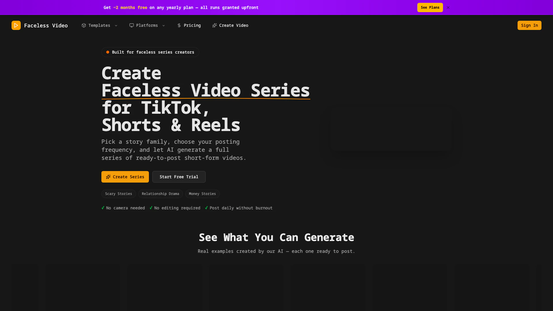 Faceless Video website screenshot showing Create engaging faceless video series fo... interface and features