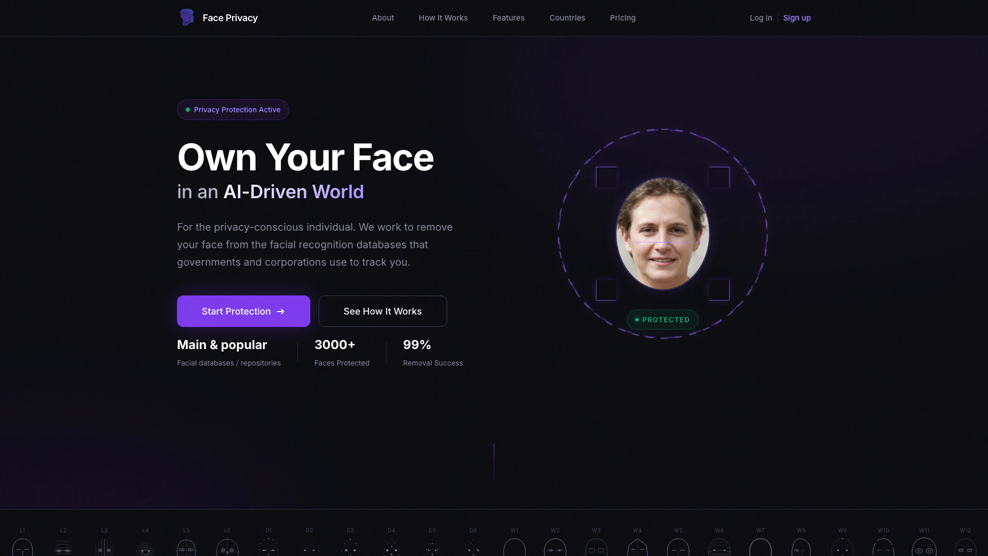 Faceprivacyai website screenshot showing 원치 않는 AI 인식으로부터 얼굴을 보호하세요. interface and features